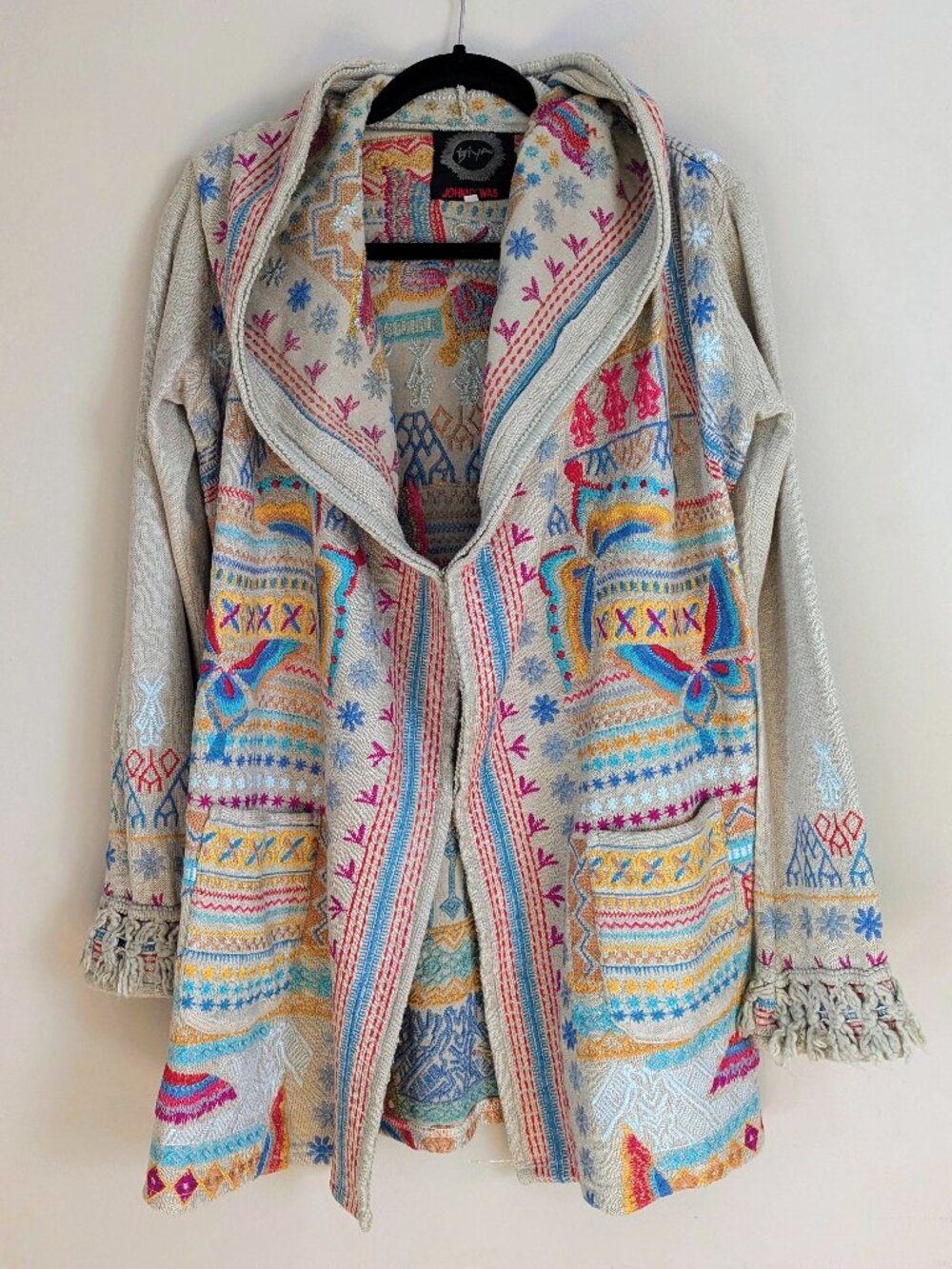 JOHNNY WAS BIYA Women's Embroidered Hooded Duster Cardigan Butterfly Beige Sz XS